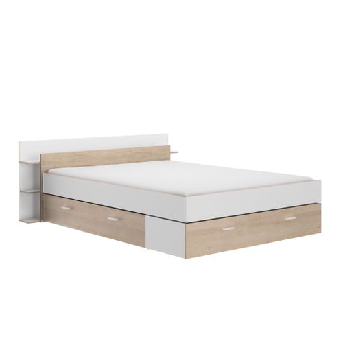 Lit 140x190 cm avec rangements TONIGHT blanc et imitation chêne
