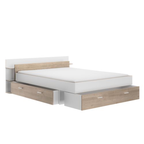Lit 140x190 cm avec rangements TONIGHT blanc et imitation chêne