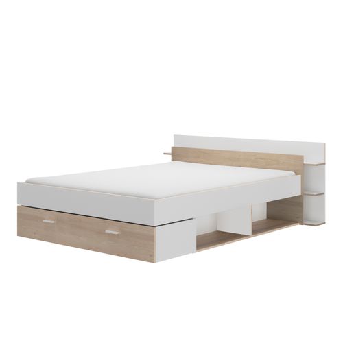 Lit 140x190 cm avec rangements - grands tiroirs TONIGHT blanc et imitation chêne
