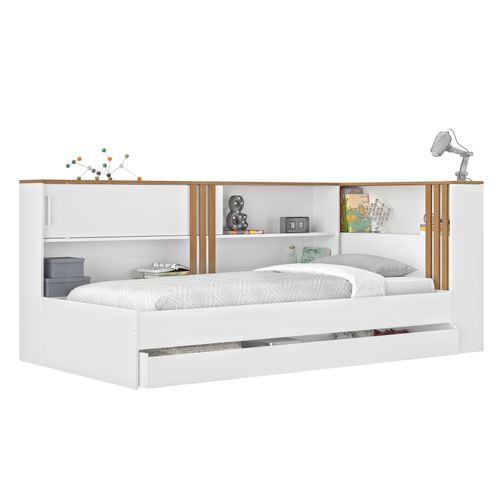 Lit avec rangement 90x190 cm ANDREA blanc et imitation chêne vue d'ambiance 1