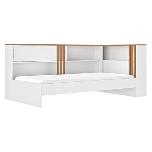 Lit avec rangement 90x190 cm ANDREA blanc et imitation chêne vue 3/4