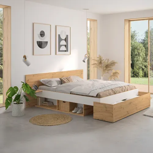 Lit 140x190 cm ANIS imitation chêne et blanc vue d'ambiance 1