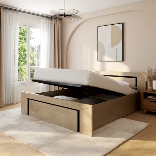 Lit coffre 160x200 cm BRUGGES imitation châtaignier naturel