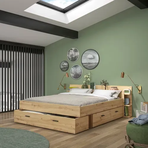 Lit 140x190 cm avec rangements - grands tiroirs TONIGHT imitation chêne artisan