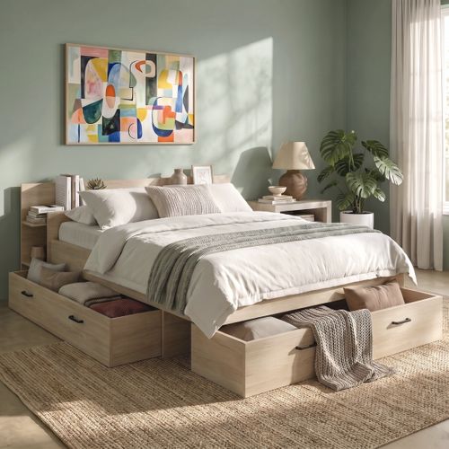 Lit 140x190 cm avec rangements - grands tiroirs TONIGHT imitation chêne artisan