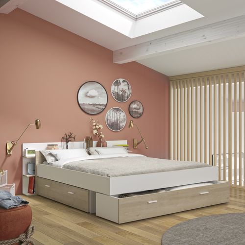 Lit 160x200 cm avec rangements TONIGHT blanc et imitation chêne vue d'ambiance 1