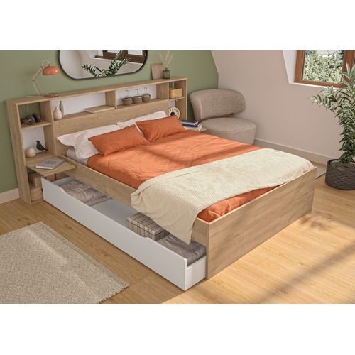 Lit 140x190 cm avec rangements VALENTIN imitation chêne et blanc