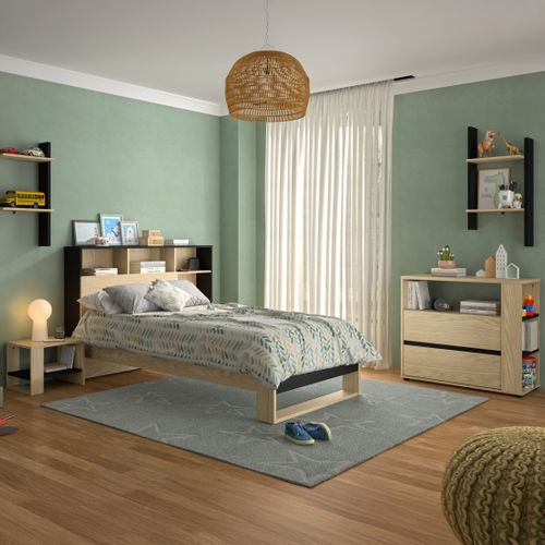 Tête de lit L. 90 cm NAEL imitation chêne et noir vue d'ambiance 1