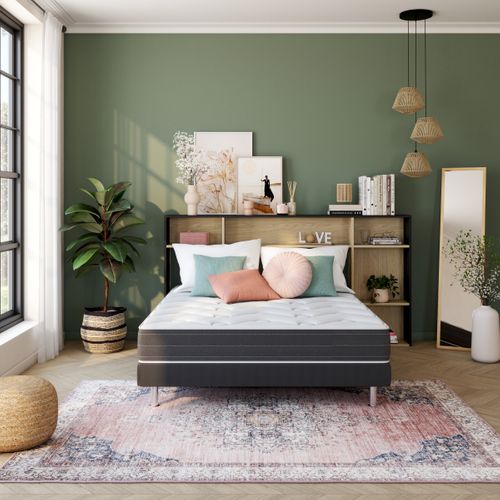 Tête de lit L. 140 cm NAEL imitation chêne et noir vue d'ambiance 1