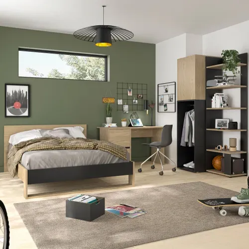 Bureau 2 tiroirs NAEL imitation chêne et noir vue d'ambiance 1