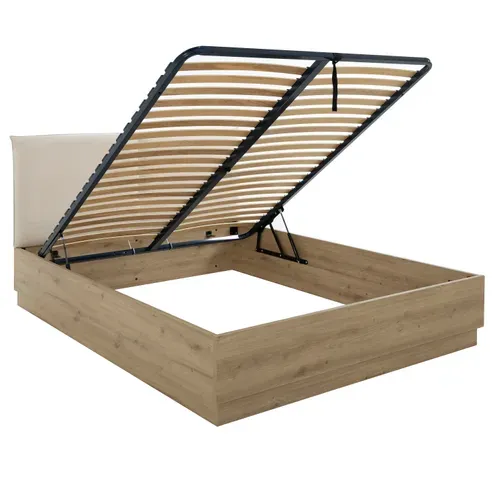 Lit coffre 140x190 cm avec tête de lit tissu beige et cadre imitation chêne JUDY