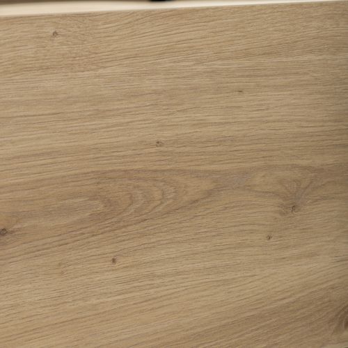 Lit coffre 160x200 cm avec tête de lit tissu beige et cadre imitation chêne JUDY