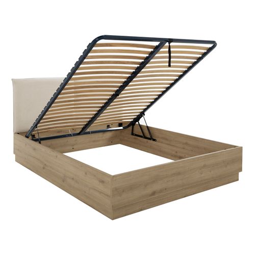 Lit coffre 160x200 cm avec tête de lit tissu beige et cadre imitation chêne JUDY