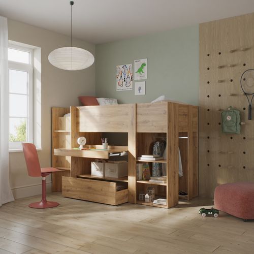 Lit combiné 90x200 cm avec bureau et armoire GABIN imitation chêne vue d'ambiance 1
