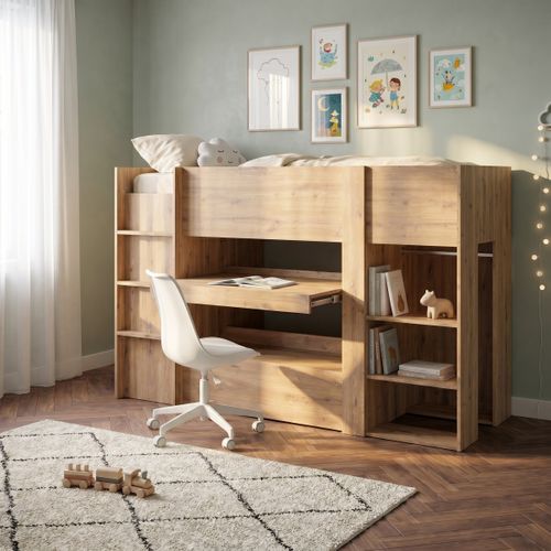 Lit combiné 90x200 cm avec bureau et armoire GABIN imitation chêne