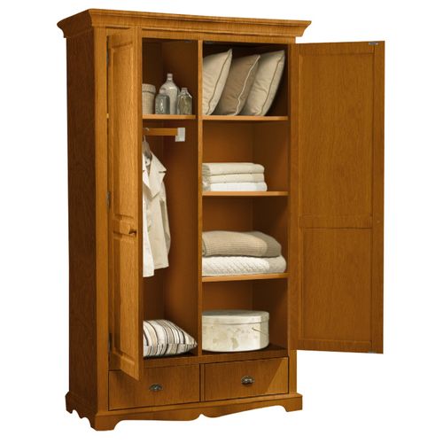 Armoire Penderie Pin Miel 2 Portes 2 Tiroirs 6 Niches L 114.5 H 195 P 54 Cm