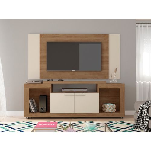Meuble TV Mural 55 Pouces Chêne Et Ecru 7 Niches L 173 H 160.5 P 38.5 Cm