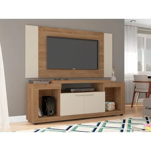 Meuble TV Mural 55 Pouces Chêne Et Ecru 7 Niches L 173 H 160.5 P 38.5 Cm