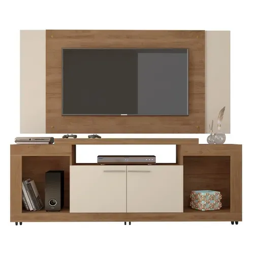 Meuble TV Mural 55 Pouces Chêne Et Ecru 7 Niches L 173 H 160.5 P 38.5 Cm