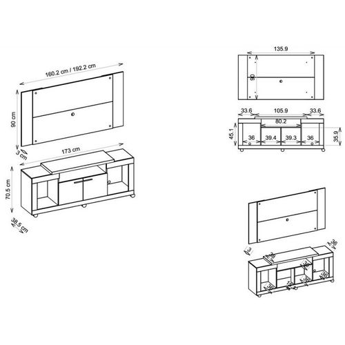 Meuble TV Mural 55 Pouces Chêne Et Ecru 7 Niches L 173 H 160.5 P 38.5 Cm
