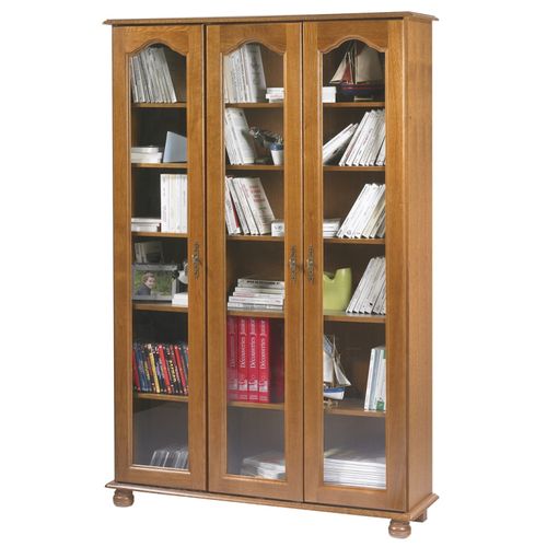 Bibliothèque Chêne 3 Portes Vitrées 12 Niches L 120.6 H 182.2 P 33 Cm