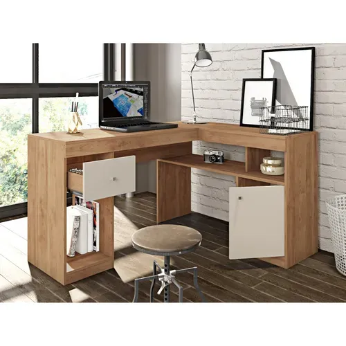 Bureau D'angle Imitation Chêne Avec Caisson Et Rangements