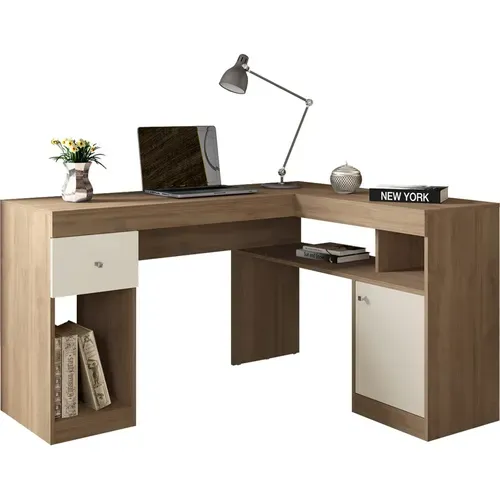 Bureau D'angle Imitation Chêne Avec Caisson Et Rangements