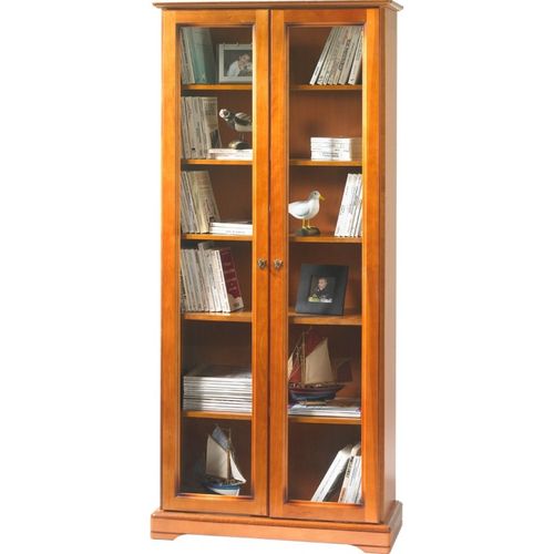 Bibliothèque 2 Portes Vitrées Merisier 5 Tablettes L 82.4 H 182.2 P 33 Cm