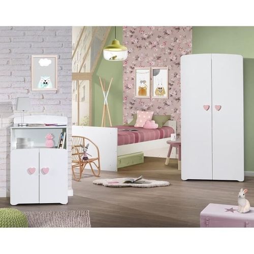 Lit Bébé Combiné Évolutif - Basic - Blanc - Bouton Coeur Rose -60 X 120 Cm