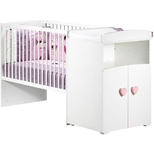 Lit Bébé Combiné Évolutif - Basic - Blanc - Bouton Coeur Rose -60 X 120 Cm