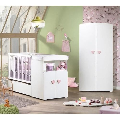 Lit Bébé Combiné Évolutif - Basic - Blanc - Bouton Coeur Rose -60 X 120 Cm
