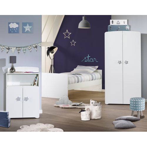 New Basic - Lit Bébé Combiné Évolutif 60x120 En 90x190 - Boutons Étoile Gris