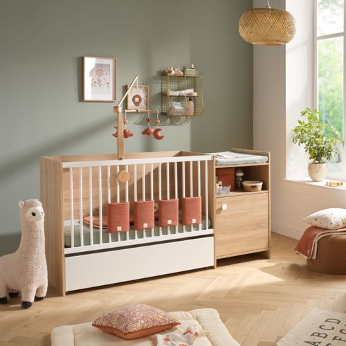Lit Bébé Combiné 120x60 Évolutif En 90x190 En Décor Bois Avec Commode à Langer 1 Porte
