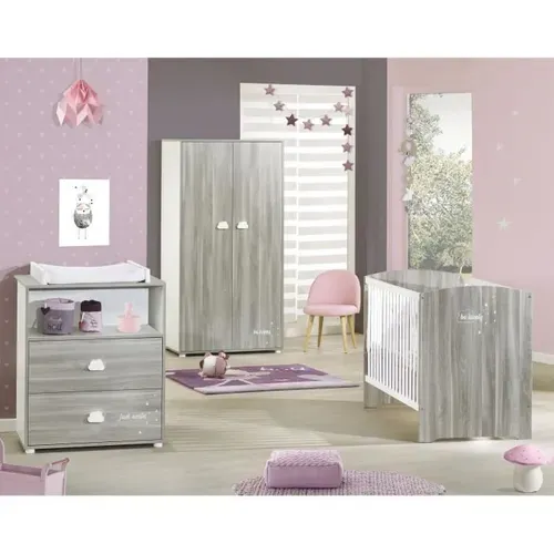 Chambre Bébé Complete - Lit 120x60, Commode à Langer Et Armoire - Smile - Chene Silex