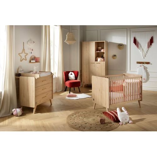 Pack Chambre Bébé Arty - Lit 120x60 Cm, Commode 3 Tiroirs, Armoire Marron
