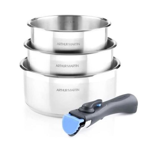 Set 3 Casseroles Inox 16/18/20 Cm Avec Poignée Amovible — Induction, Empilable