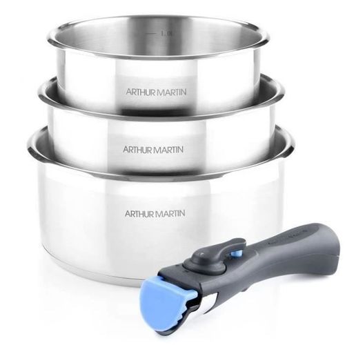 Set 3 Casseroles Inox 16/18/20 Cm Avec Poignée Amovible — Induction, Empilable