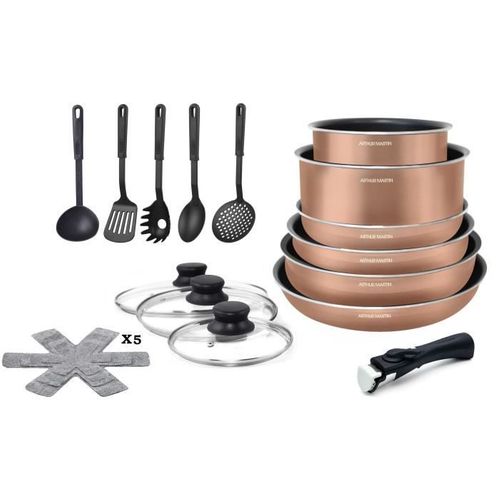 Batterie De Cuisine 20 Pieces - Aluminium - Poignée Amovible - Tous Feux Dont Induction