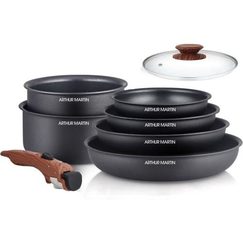 Batterie De Cuisine 8 Pièces Aluminium — Poignée Amovible Effet Bois, Induction