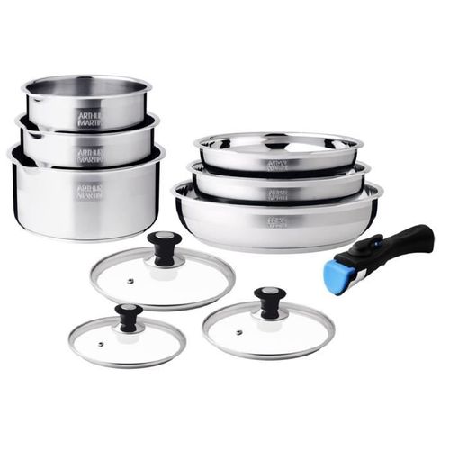 Batterie De Cuisine - Induction - Am0006 - Acier Inoxydable 18/10 - 10 Pieces - Poignée Amovible