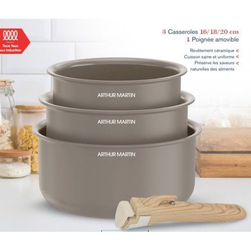Set De Casseroles 16/18/20 Cm - Revêtement Céramique, Poignée Amovible Effet Bois
