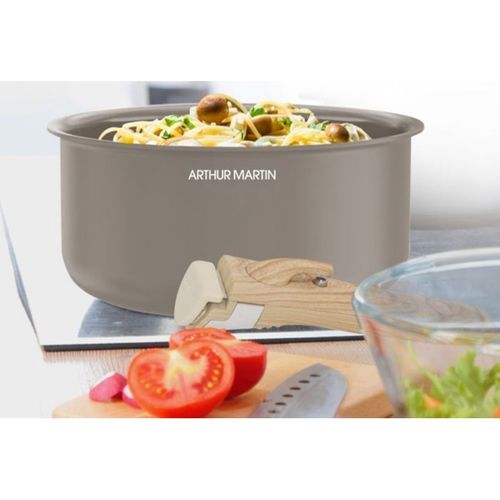 Set De Casseroles 16/18/20 Cm - Revêtement Céramique, Poignée Amovible Effet Bois