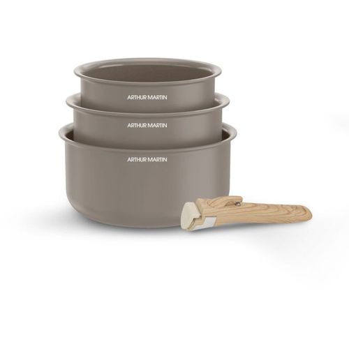 Set De Casseroles 16/18/20 Cm - Revêtement Céramique, Poignée Amovible Effet Bois