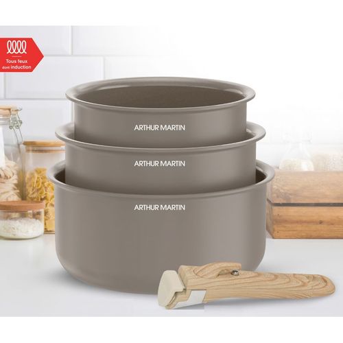 Set De Casseroles 16/18/20 Cm - Revêtement Céramique, Poignée Amovible Effet Bois