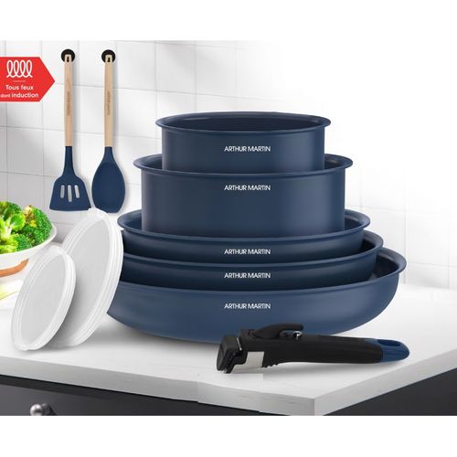 Batterie De Cuisine 10 Pièces Poignée Amovible Bleu  Am6455