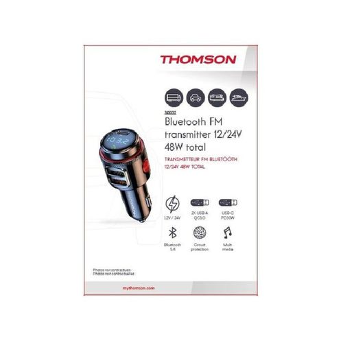 Transmetteur Fm Bluetooth Voiture Noir — USB-c Pd30w, 2x USB-a, 48w