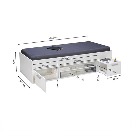 Lit Junior - Chevet - Étagère - Rangement - 90x190 Tess - Blanc