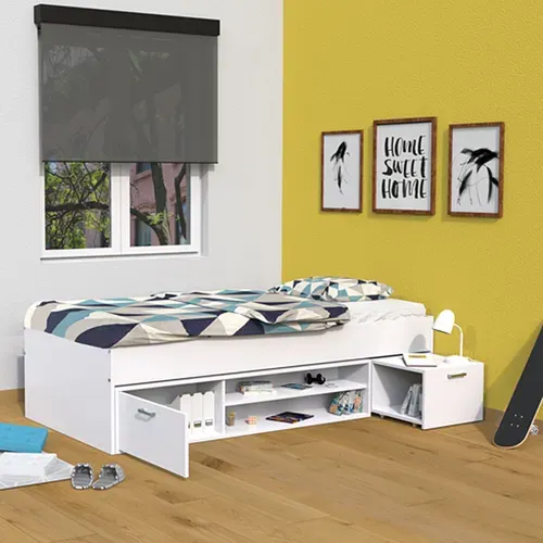 Lit Junior - Chevet - Étagère - Rangement - 90x190 Tess - Blanc