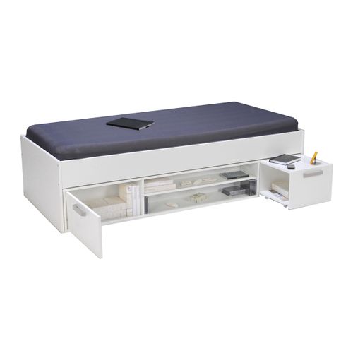 Lit Junior - Chevet - Étagère - Rangement - 90x190 Tess - Blanc