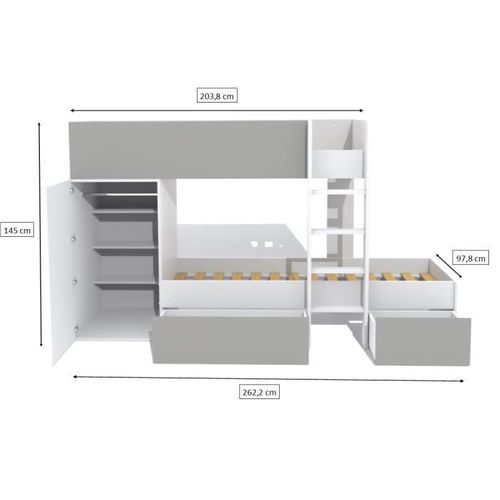 Lit Superposé 90 x 190 - Armoire - Tiroirs - Twin - Blanc Et Gris